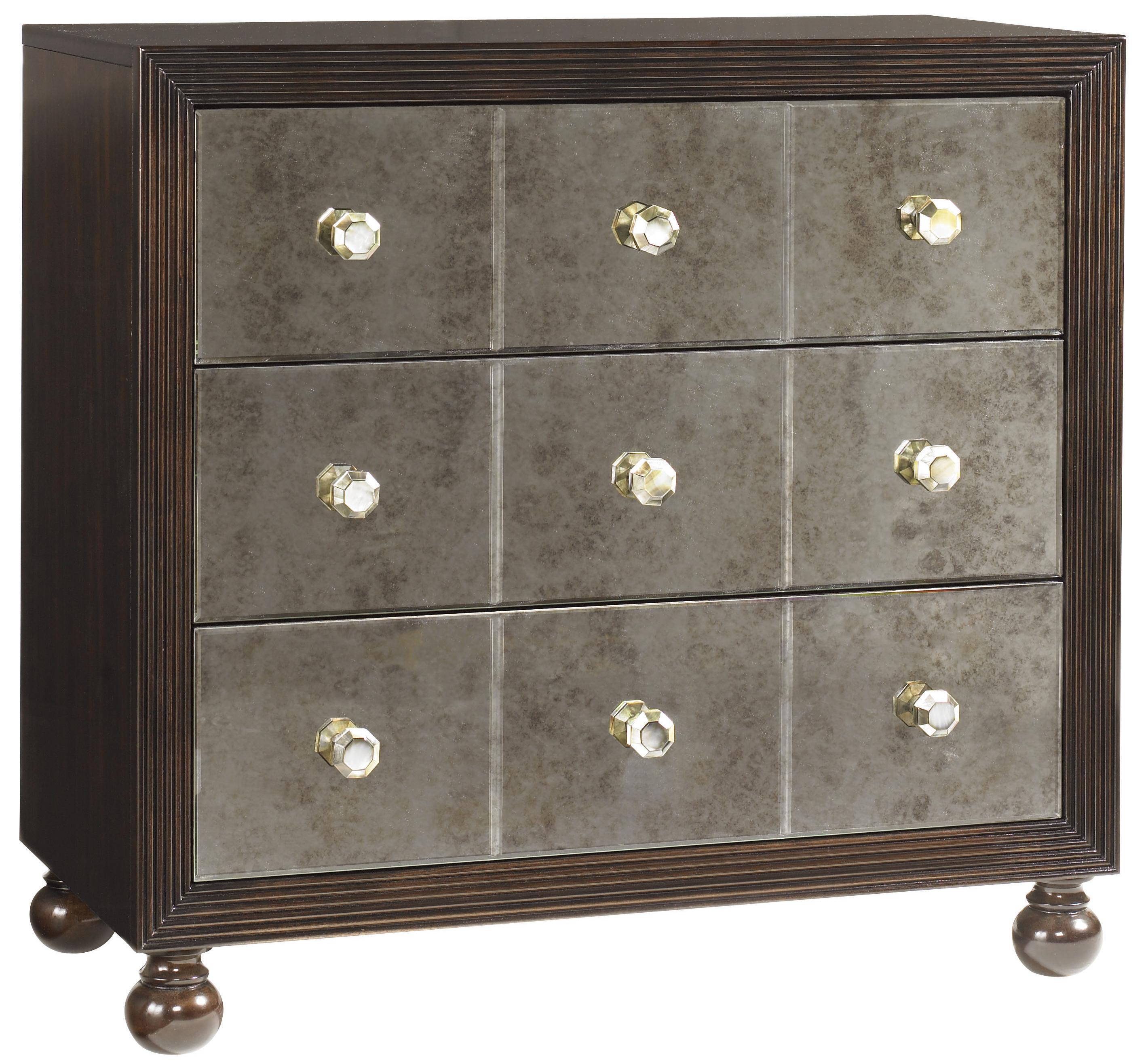 Tommy Bahama Home Royal Kahala 537624828 Three Drawer Starlight Mirrored Nightstand with Penn Shell Hardware Belfort Furniture Nightstands